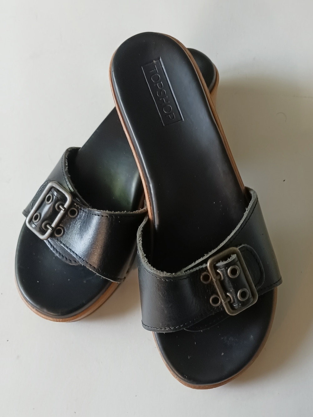 Topshop Black Slide Mules with Brown Edge and Buckle Detail Never Worn